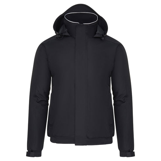 Orn Workwear ORN Fulmar Bomber Jacket in black with hood with toggle adjusters, flap over zip fastening and elasticated wrists.