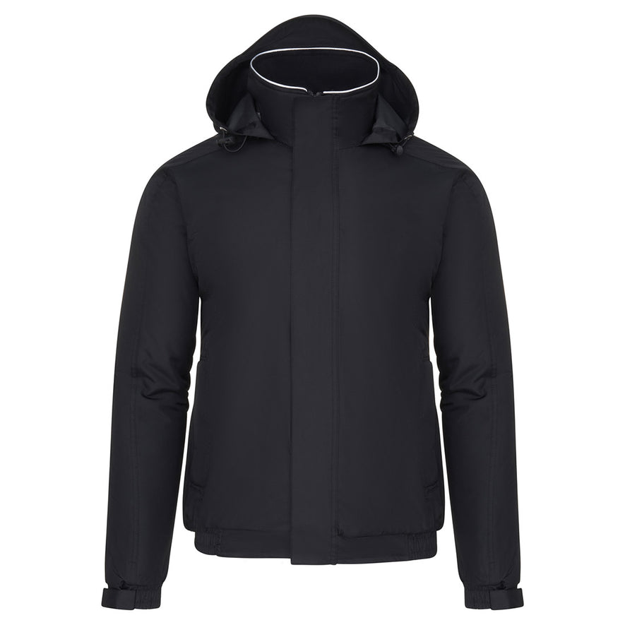 Orn Workwear ORN Fulmar Bomber Jacket in black with hood with toggle adjusters, flap over zip fastening and elasticated wrists.