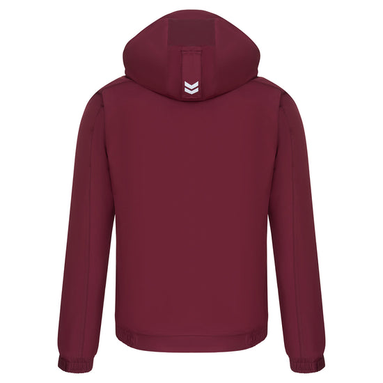 Back of Orn Workwear ORN Fulmar Bomber Jacket in burgundy with hood, white arrows on back of hood and elasticated wrists.