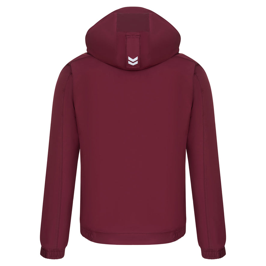 Back of Orn Workwear ORN Fulmar Bomber Jacket in burgundy with hood, white arrows on back of hood and elasticated wrists.