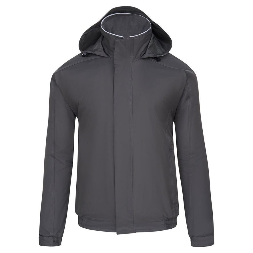 Orn Workwear ORN Fulmar Bomber Jacket in graphite with hood with toggle adjusters, flap over zip fastening and elasticated wrists.