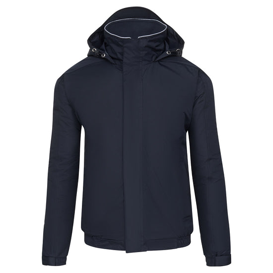 Orn Workwear ORN Fulmar Bomber Jacket in navy with hood with toggle adjusters, flap over zip fastening and elasticated wrists.