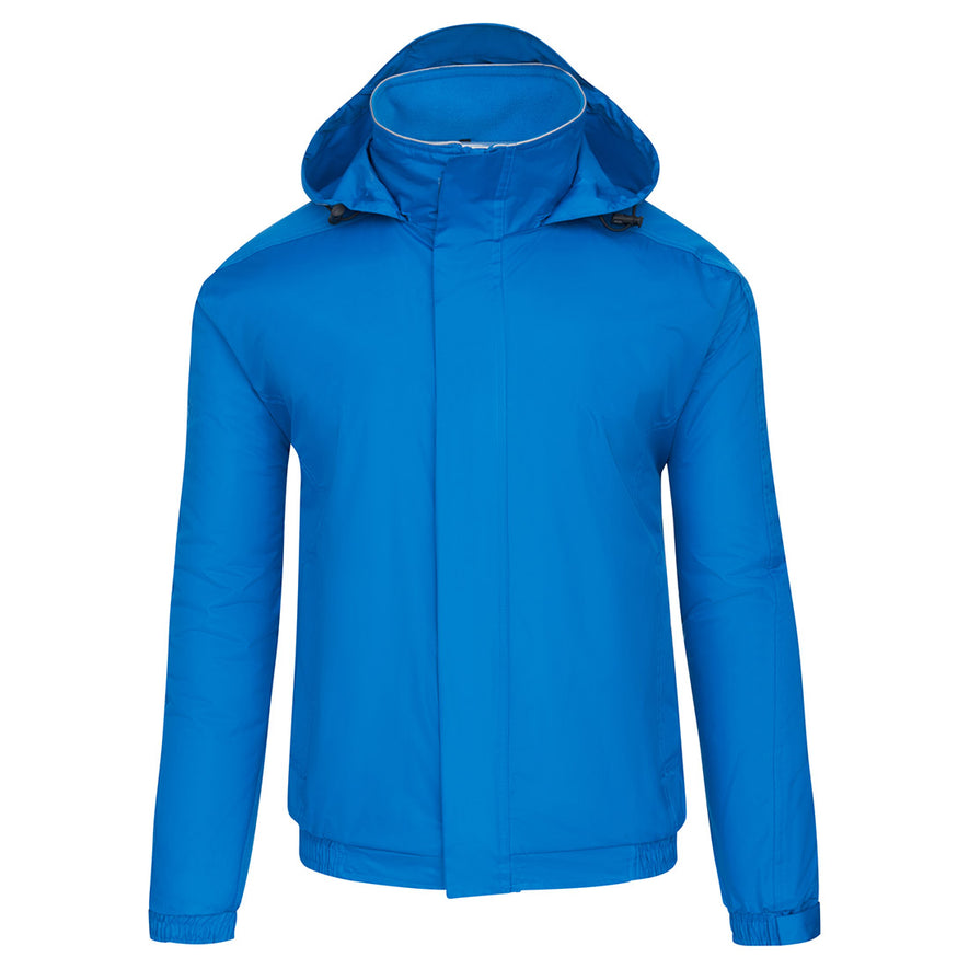 Orn Workwear ORN Fulmar Bomber Jacket in reflex blue with hood with toggle adjusters, flap over zip fastening and elasticated wrists.