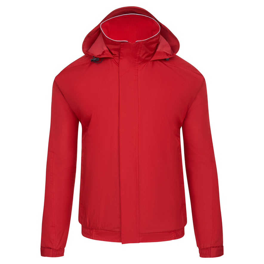 Orn Workwear ORN Fulmar Bomber Jacket in red with hood with toggle adjusters, flap over zip fastening and elasticated wrists.