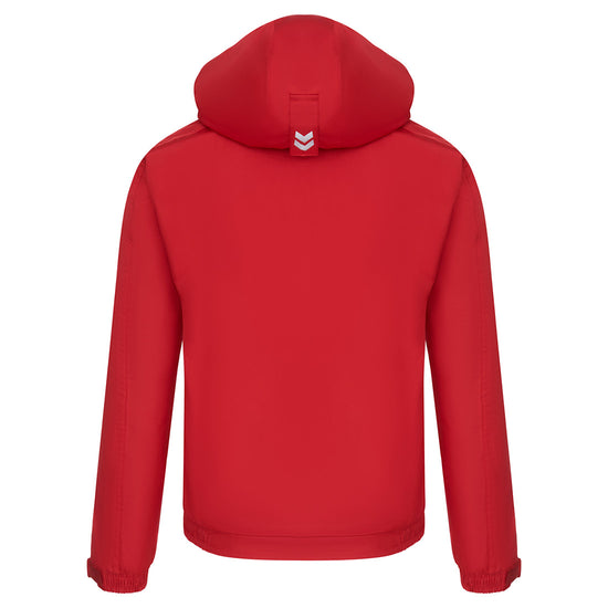 Back of Orn Workwear ORN Fulmar Bomber Jacket in red with hood, white arrows on back of hood and elasticated wrists.