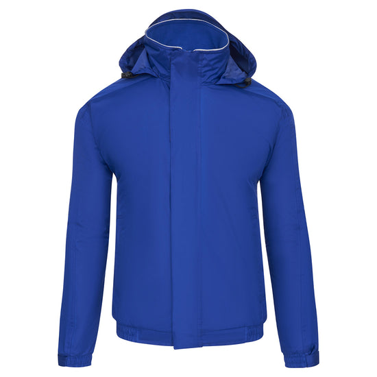 Orn Workwear ORN Fulmar Bomber Jacket in royal blue with hood with toggle adjusters, flap over zip fastening and elasticated wrists.