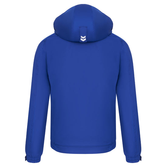 Back of Orn Workwear ORN Fulmar Bomber Jacket in royal blue with hood, white arrows on back of hood and elasticated wrists.