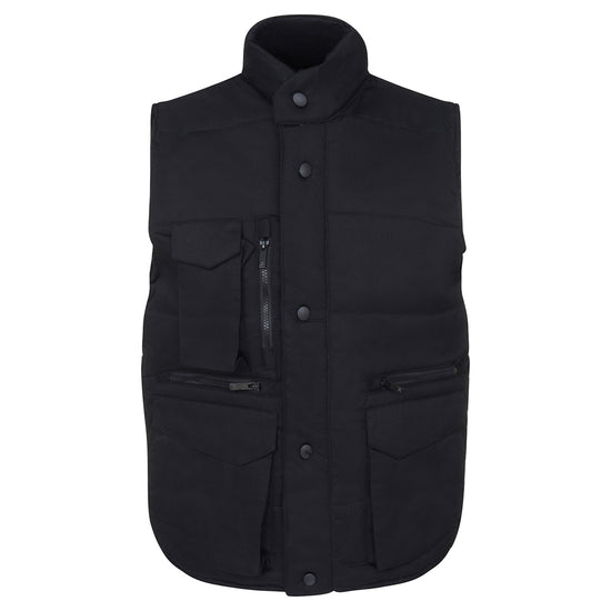 Orn Workwear ORN Eider Bodywarmer in black with black flap over zip fastening with black poppers, black zip pockets on chest and front with patch pockets with flaps on chest and front.