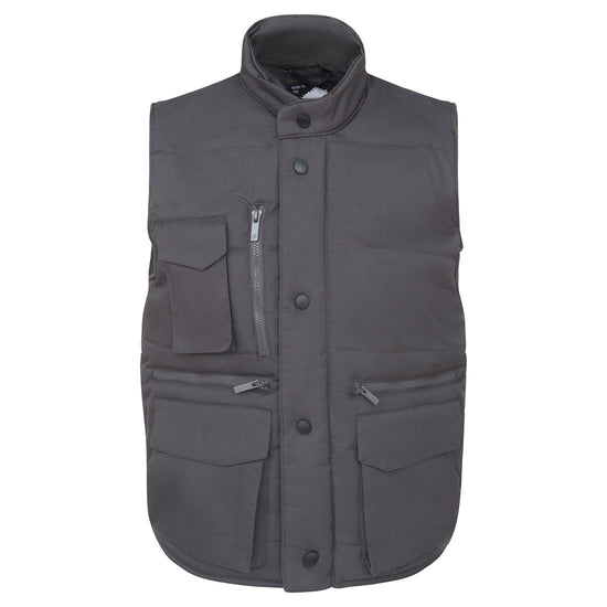 Orn Workwear ORN Eider Bodywarmer in graphite with graphite flap over zip fastening with black poppers, graphite zip pockets on chest and front with patch pockets with flaps on chest and front.