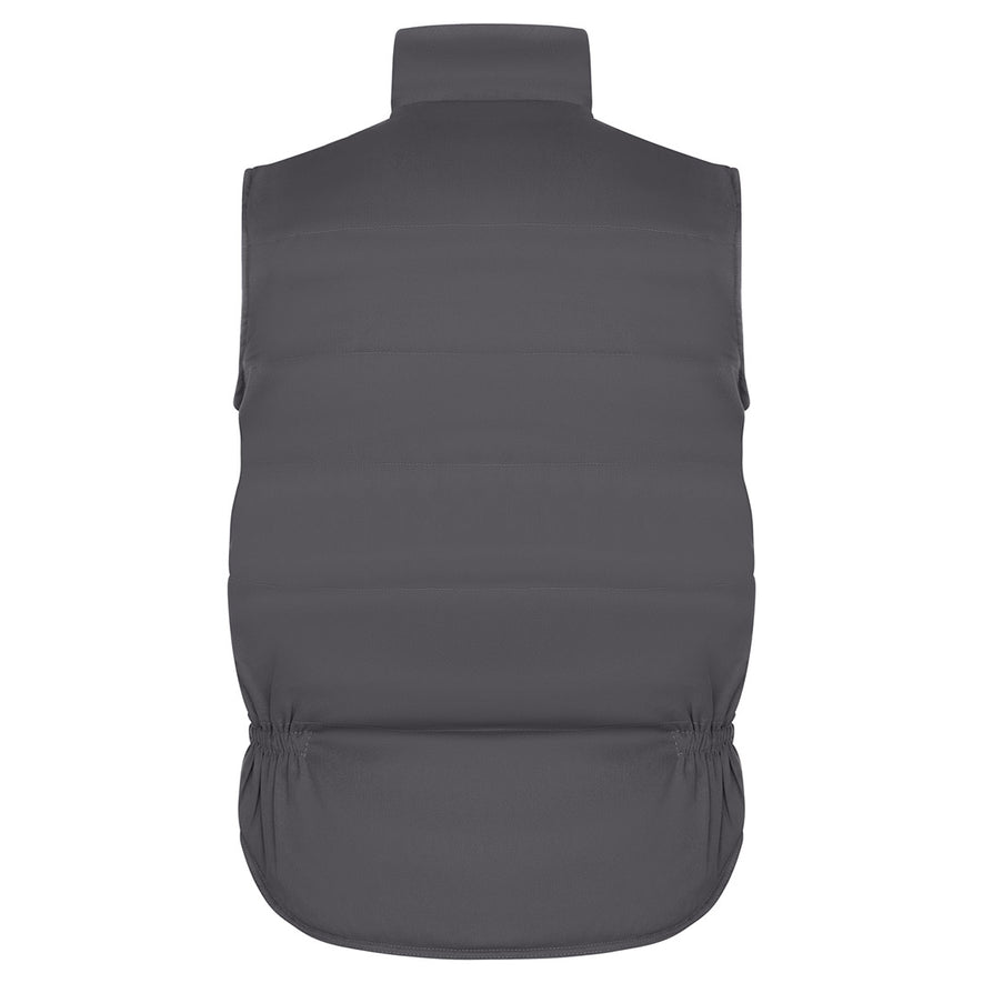 Back of Orn Workwear ORN Eider Bodywarmer in graphite with elasticated sides.