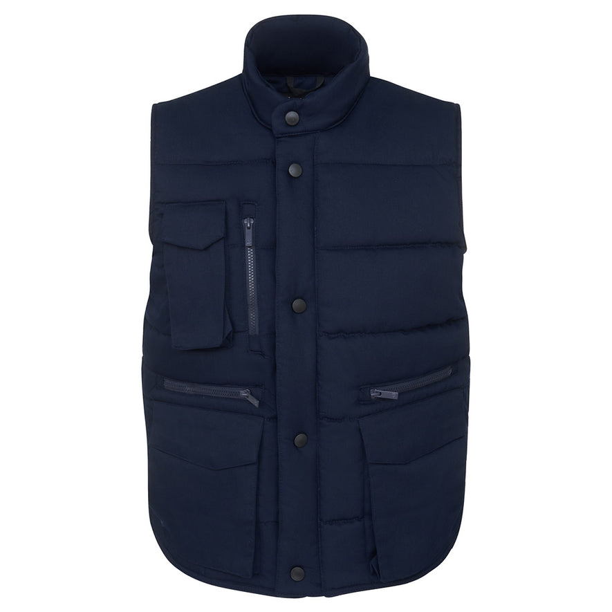 Orn Workwear ORN Eider Bodywarmer in navy with navy flap over zip fastening with black poppers, navy zip pockets on chest and front with patch pockets with flaps on chest and front.