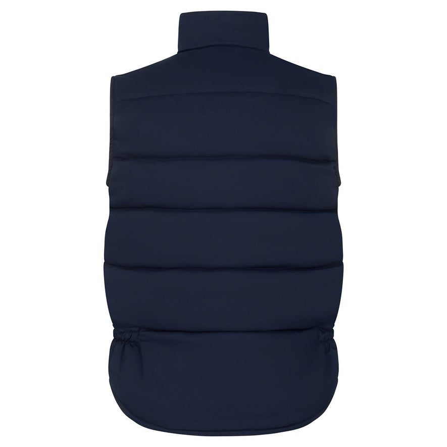 Back of Orn Workwear ORN Eider Bodywarmer in navy with elasticated sides.