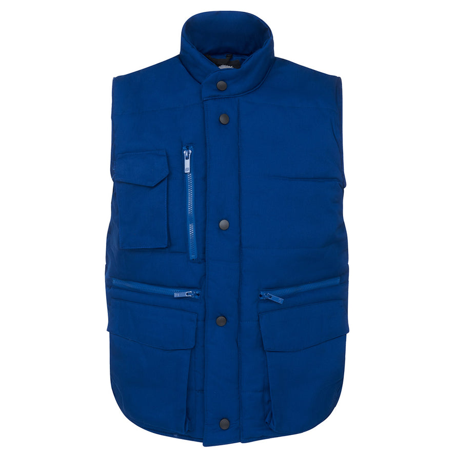 Orn Workwear ORN Eider Bodywarmer in royal blue with royal blue flap over zip fastening with black poppers, royal blue zip pockets on chest and front with patch pockets with flaps on chest and front.