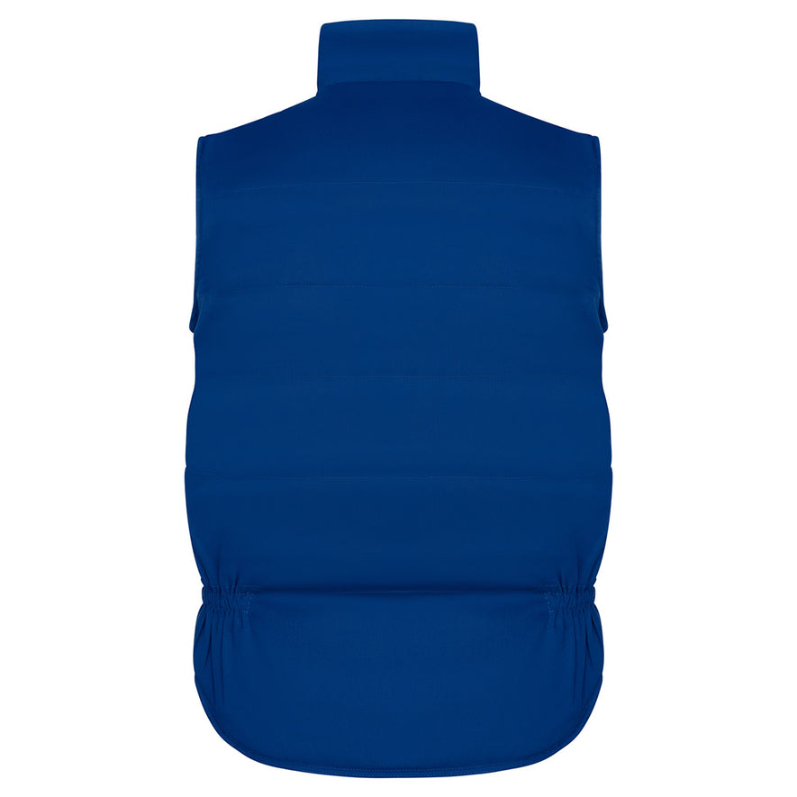 Back of Orn Workwear ORN Eider Bodywarmer in royal blue with elasticated sides.