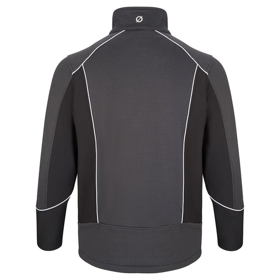 Back of Orn Workwear ORN Shearwater Softshell with grey hexagonal material on shoulders, arms, back and outside of collar and black wrists, under arms and sides, and with reflective piping on back, shoulders and arms.