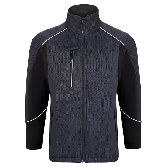 Orn Workwear ORN Shearwater Softshell with navy hexagonal material on shoulders, arms, front and outside of collar and black wrists, under arms and sides, and with black zip fasten, reflective zip on right chest, black zip pockets on front and reflective piping on shoulders and arms.