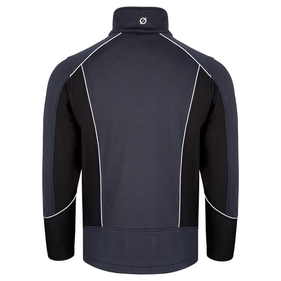 Back of Orn Workwear ORN Shearwater Softshell with navy hexagonal material on shoulders, arms, back and outside of collar and black wrists, under arms and sides, and with reflective piping on back, shoulders and arms.