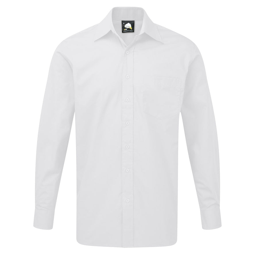 Orn Workwear ORN Manchester Long Sleeve Shirt in white with white buttons, pocket on left chest and collar.