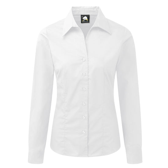 Orn Workwear ORN Edinburgh Long Sleeve Blouse in white with white buttons and collar.