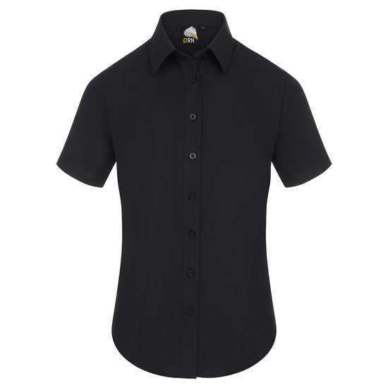 Orn Workwear ORN Essential Short Sleeve Blouse in black with black buttons and collar.