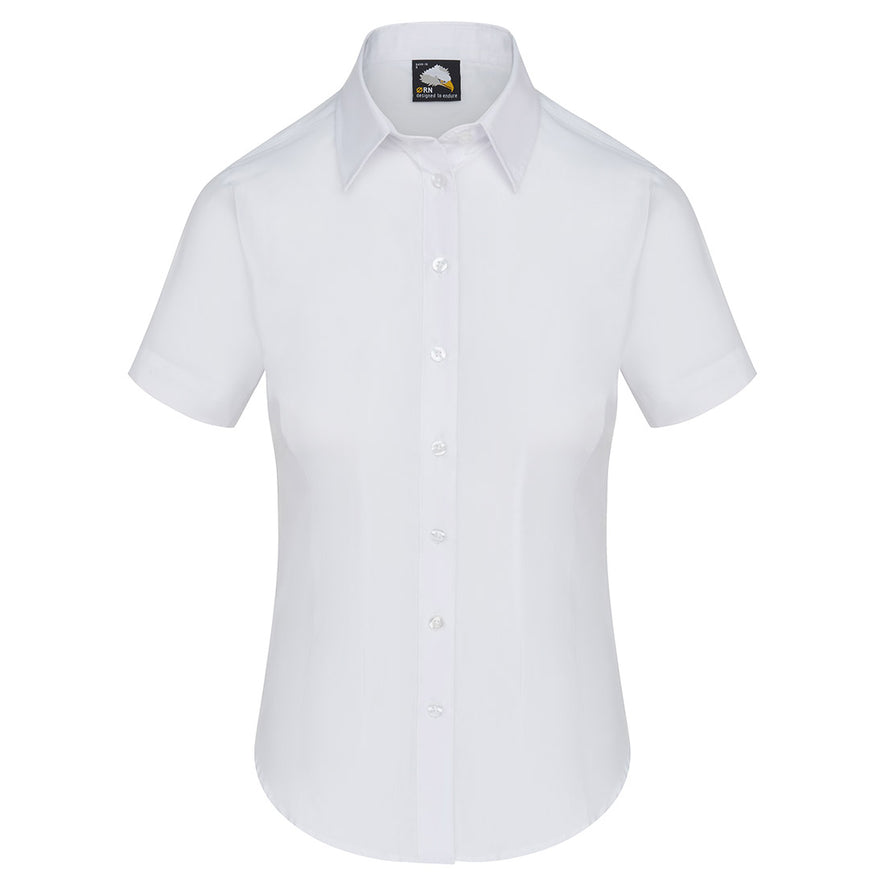 Orn Workwear ORN Essential Short Sleeve Blouse in white with white buttons and collar.