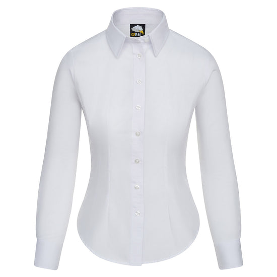 Orn Workwear ORN Essential Long Sleeve Blouse in white with white buttons and collar.