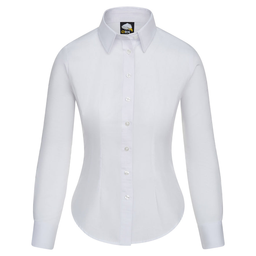 Orn Workwear ORN Essential Long Sleeve Blouse in white with white buttons and collar.