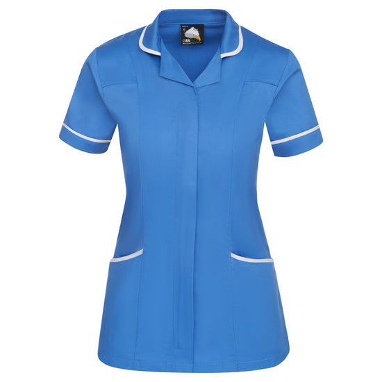 Orn Workwear Florence Classic Tunic in hospital blue with pockets on the tunic lower withwhite contrast around the pockets and middle of the tunic.