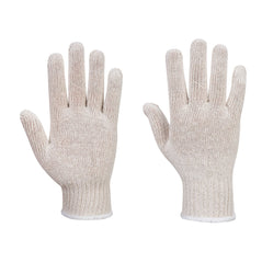 Beige general handling string knit liner gloves. Gloves have elasticated wrist.