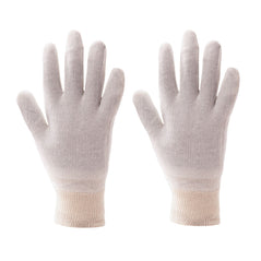 Beige general handling stockinette knitwist gloves. Gloves have elasticated wrist.