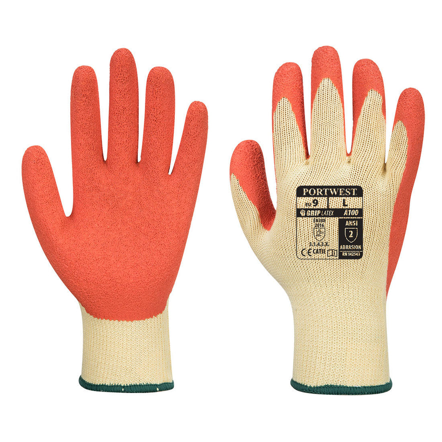 Yellow and Orange grip latex glove with latex Orange palm and yellow back. 