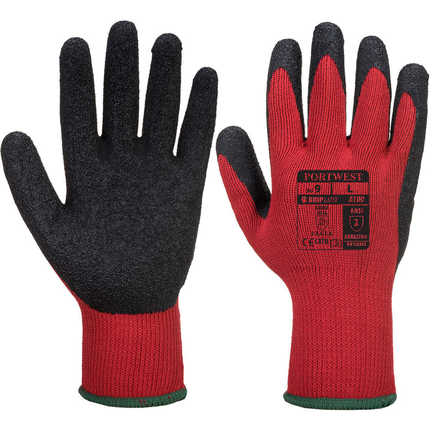 Red and Black grip latex glove with latex black palm and red back. 