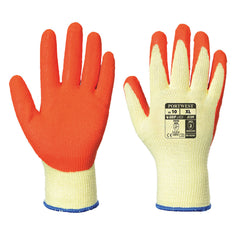 Yellow and orange grip latex glove with latex orange palm and yellow back. comes with retail bag.