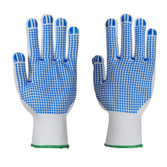 Portwest polka dot plus glove pair. Glove has a white back and wrist with a PVC polka dot palm in blue polka dots. Gloves also have an elasticated wrist in green.