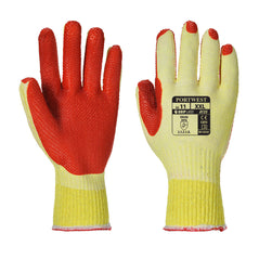 Yellow and orange tough grip latex glove with orange latex palm.