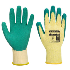 Yellow and green classic latex grip glove with green latex palm.