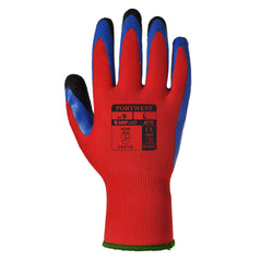 Duo flex cut resistant glove in red and blue with a black palm and red cuff.