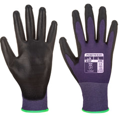 Portwest purple touchscreen PU coated general handling glove. Glove has purple back, Green elasticated wrist cuff and black PU palm. Glove also has touch screen fingers.