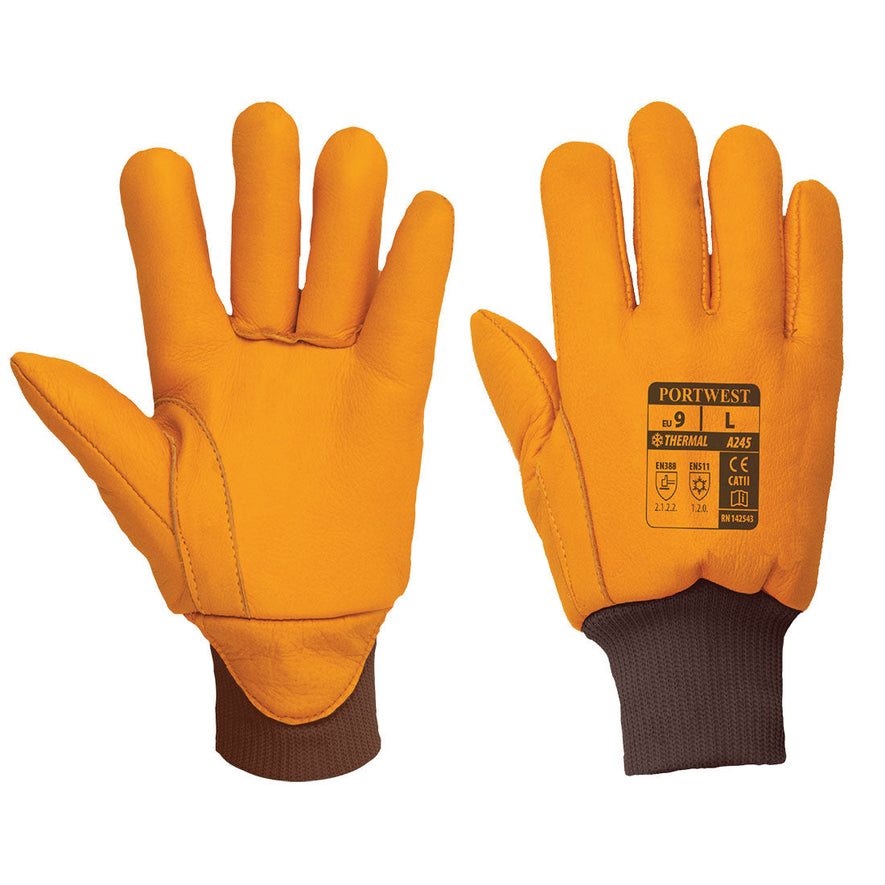 Tan leather insulated glove with brown wrist.