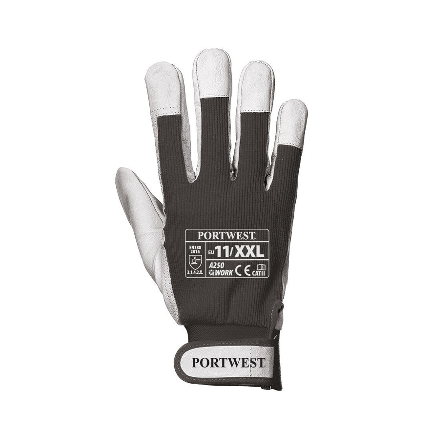 Black and white portwest Tergus glove. Glove has velcro fasten wrist, white palm, black back of glove and wrist area.