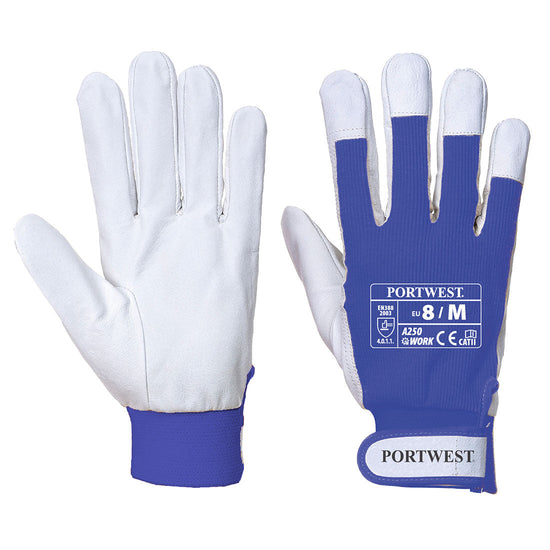 Blue and white portwest Tergus glove. Glove has velcro fasten wrist, white palm, blue back of glove and wrist area.