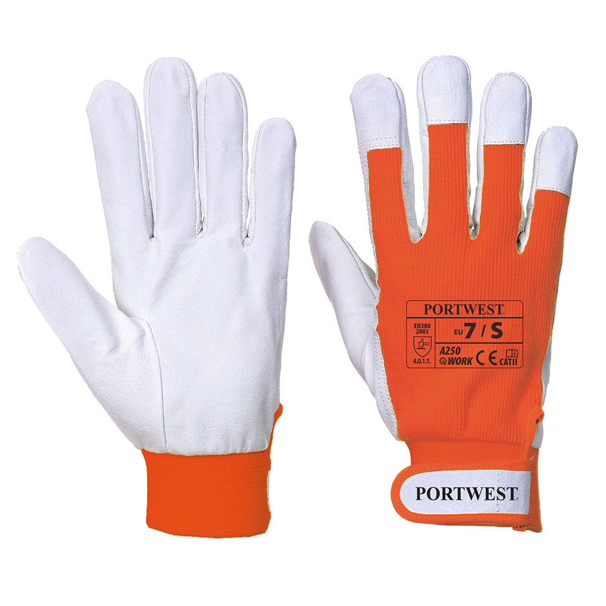 Orange and white portwest Tergus glove. Glove has velcro fasten wrist, white palm, orange back of glove and wrist area.