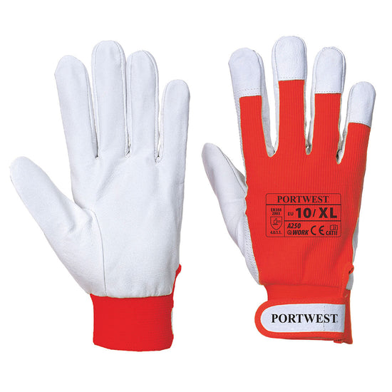 Red and white portwest Tergus glove. Glove has velcro fasten wrist, white palm, red back of glove and wrist area.