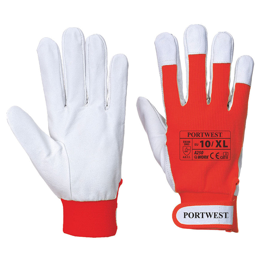 Red and white portwest Tergus glove. Glove has velcro fasten wrist, white palm, red back of glove and wrist area.