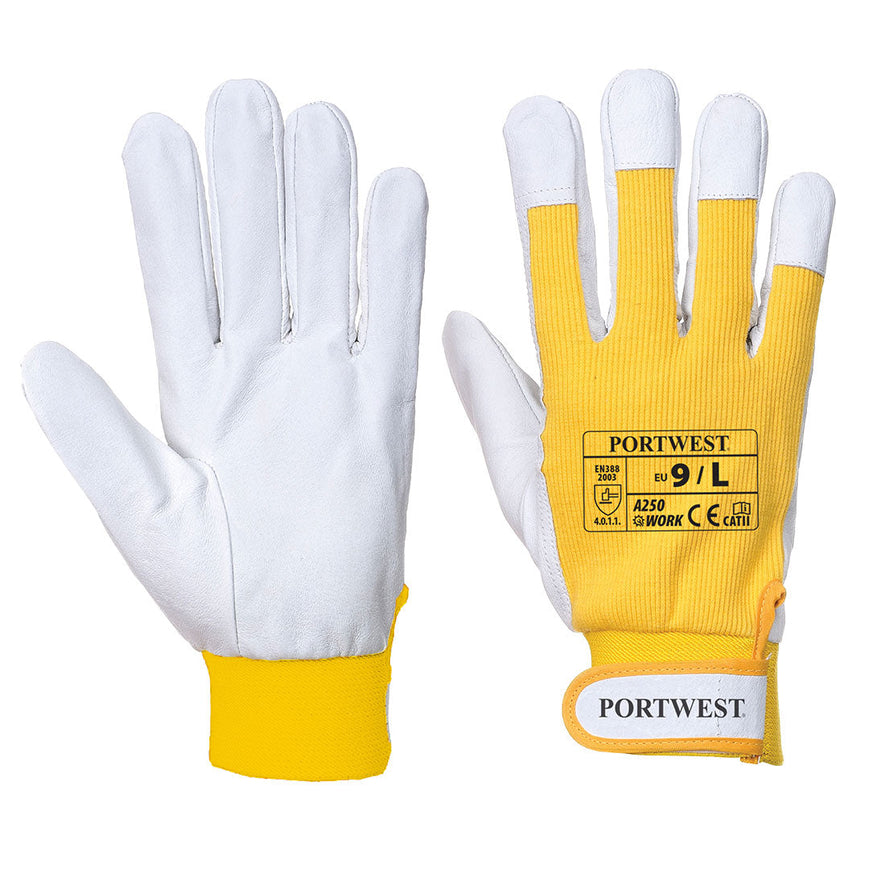 Yellow and white portwest Tergus glove. Glove has velcro fasten wrist, white palm, yellow back of glove and wrist area.