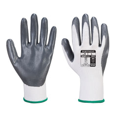 White and grey flex grip nitrile palmed glove. White back of hand and grey palm.