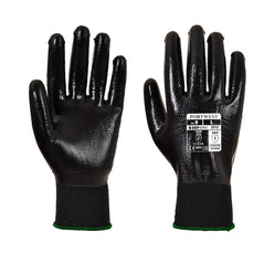 Black glove with black cuffs and green elasticated hem.