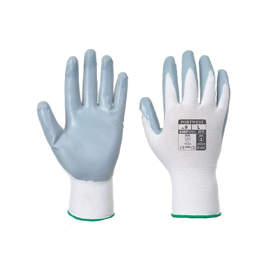 White and grey flex grip nitrile palmed glove. White back of hand and grey palm.