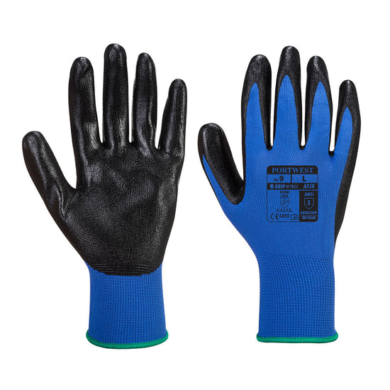 Blue and black dexti grip glove. Glove has blue wrist and black palm.