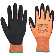 Orange dermi grip Nitrile sandy glove with black palm and orange wrist cuff.